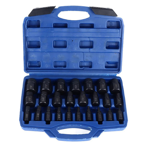 Open case of Beast 25 Piece Screw Extractor Set For Broken Screws And Bolts, Alloy Steel Remover Kit, showing 25 sizes