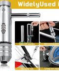 Two Pack Ratchet T Handle Tap Wrenches, Adjustable T Bar Handles With Reversible Ratcheting Action For Metric M3 To M8 And M5 To M12 Thread Taps, Durable Alloy Steel, Chrome Finish, Detachable Handle For Easy Access shown with multiple uses on tools like table drill machine, wire cutting pliers, tile cutter tool, and cutting tool stand.