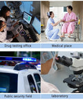 Image showing various professional environments: drug testing office, medical place, public security field, and laboratory.