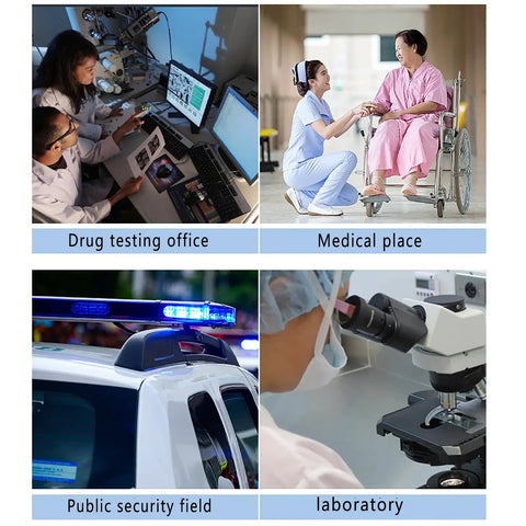 Image showing various professional environments: drug testing office, medical place, public security field, and laboratory.
