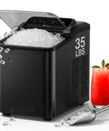 Fast Nugget Ice Maker Countertop with Self Cleaning Pump, black stainless finish, filled with pebble ice, includes scoop, 35 lbs per day.