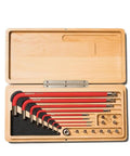 Long Hex Key Set With Magnetic Quarter Inch Driver, Extra Long S-2 Steel Allen Wrenches In 2 2.5 3 4 5 6 8 10mm With Textured Non Slip Grips, 17-4 Magnetic Driver Converts 6mm Hex To Quarter Inch, Includes CNC Wood Case displayed in open wooden box