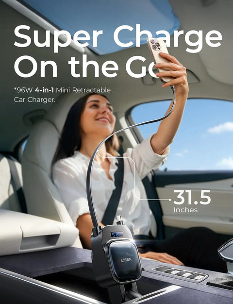 Woman using Retractable Car Charger 4 In 1 No Fuss Fast Charging Hub With 96W Power in car
