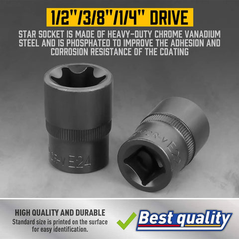 14 Piece Female E Torx Socket Set For One Quarter Inch, Three Eighths Inch, And One Half Inch Drives With External Torque, Heavy Duty Chrome Vanadium Steel Phosphated Finish, Easy Read Size Markings, E24 socket close-up