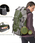 Woman wearing Waterproof 50L Hiking Backpack With Rain Cover Lightweight 45 Plus 5 Liter Daypack, showing mesh pockets and storage