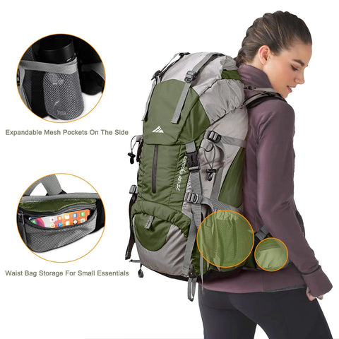 Woman wearing Waterproof 50L Hiking Backpack With Rain Cover Lightweight 45 Plus 5 Liter Daypack, showing mesh pockets and storage