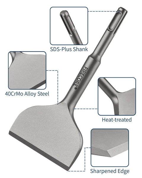 SDS Plus Tile Removal Cranked Bent Chisel Bit Three Inch Wide Six And A Half Inch Long For Rotary Hammer Drill, alloy steel details