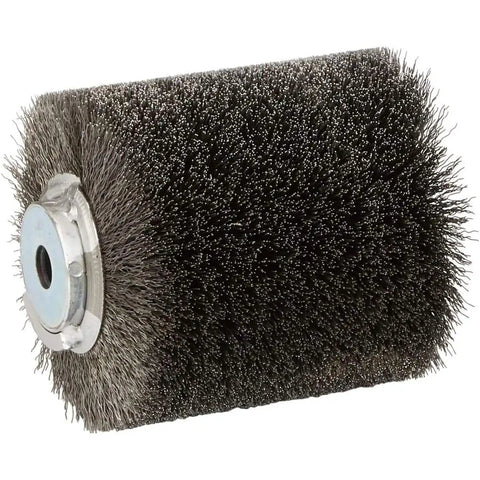 Heavy Duty Wire Brush Wheel For 9741 Wheel Sander Upgrade Deburring And Rust Removal Tool For Wood And Metal Surfaces Replacement Accessory Keeps Projects Rolling Smoothly showing side view with metal bristles and center fitting.