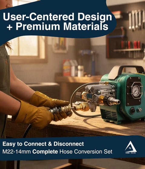 Pressure Washer Quick Connect Kit With M22 14mm Brass Adapter Set being used with gas powered washer in workshop