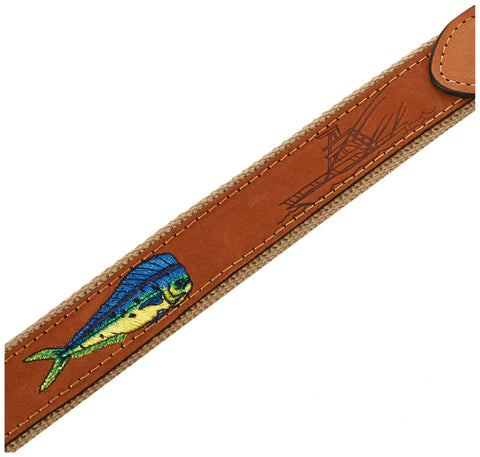 Womens Embroidered Leather Belt With Dolphin Motif Nubuck Finish Brass Buckle Water Resistant One And A Quarter Inch Cotton Webbing Tan Buff Made In USA Durable Everyday Casual Accessory For Jeans Khakis And Shorts