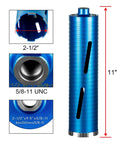 SALI diamond core drill bit, blue, 2-1/2 in diameter, 11 in length, 5/8-11 UNC, front view