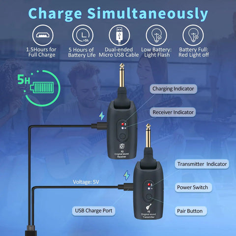 2.4GHz Wireless Guitar System With Plug And Play Rechargeable Transmitter And Receiver For Guitar Bass And Electric Instruments, charging setup