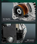 Close-up of 132 Amp Beefed-Up High-Output 12V Alternator For Dodge Durango, Ram 1500 and Jeep Grand Cherokee showing pulley and connector.