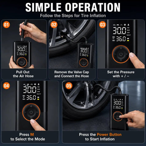 Slick Cordless Tire Inflator Compact Air Compressor For Tesla Cybertruck 2023 2024 2025 2026 with digital gauge showing inflation steps.