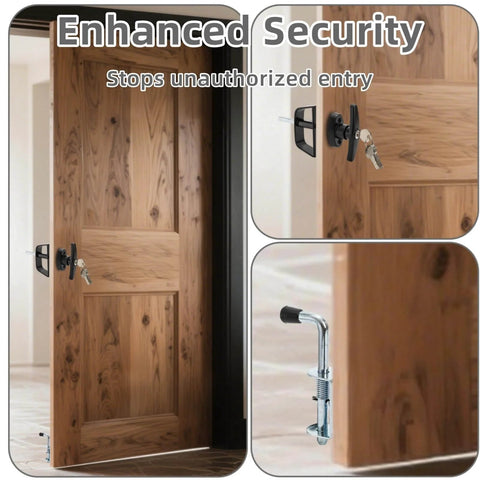 All In One Shed Door Latch Kit With T Handle Lock And Five Keys installed on wooden door, showing spring loaded latch