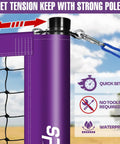 Close-up of Portable Volleyball Net Set With Adjustable Steel Poles, Anti Sag Winch System, easy setup features displayed.