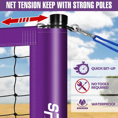 Close-up of Portable Volleyball Net Set With Adjustable Steel Poles, Anti Sag Winch System, easy setup features displayed.