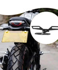 Ride Ready Foldable Aluminum Plate Holder For Motorcycle With Rear Light Bracket shown on a bike, universal mount detail.
