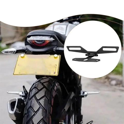 Ride Ready Foldable Aluminum Plate Holder For Motorcycle With Rear Light Bracket shown on a bike, universal mount detail.