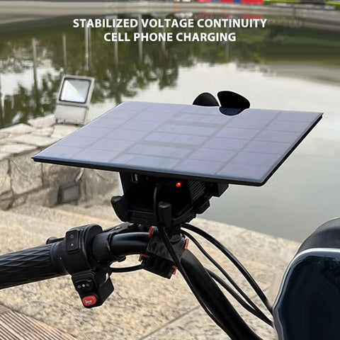 Badass Solar And Wind Power Generator For Electric Bikes Features Tough Aluminum Construction Shockproof Build on bicycle handlebar with solar panel