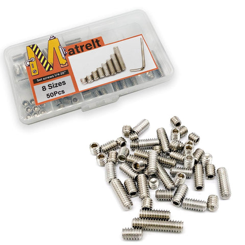All In One Hex Socket Screws Set 50 Pcs Eight Size Assortment 1/4-20 Thread Cup Point Grub Screws 304 Stainless Steel With 1/4 Inch Allen Keys