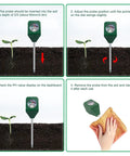 Instructions for using a Single Probe Soil PH Meter For Garden And Lawn Care, showing insertion, adjustment, reading, and cleaning steps.