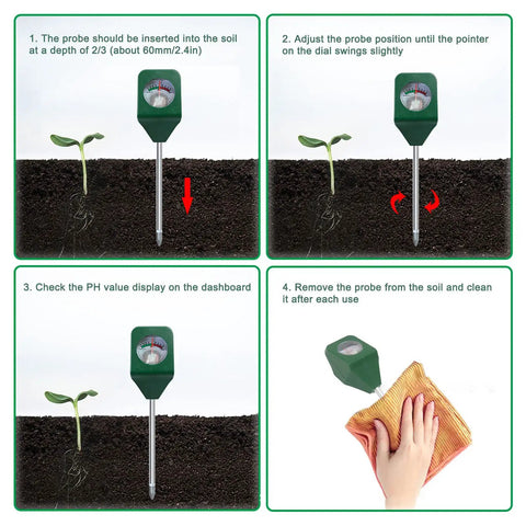 Instructions for using a Single Probe Soil PH Meter For Garden And Lawn Care, showing insertion, adjustment, reading, and cleaning steps.