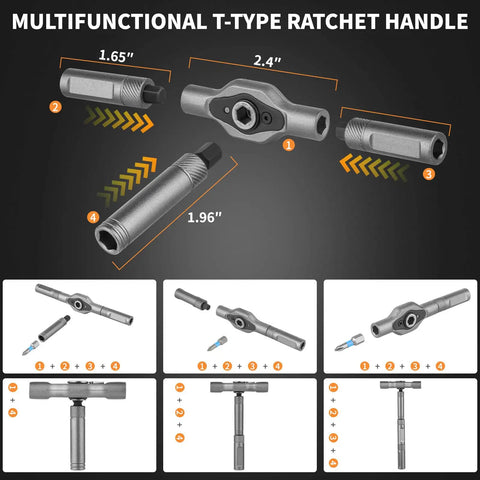 All In One Magnetic Ratchet Screwdriver Set With Detachable T Handle 42 In 1 Multi Bit Kit showing T-type handle dimensions