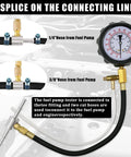 Automotive fuel pressure tester kit with gauge, brass fittings, and 1/4 in and 3/8 in hoses for gasoline cars, trucks, motorcycles.