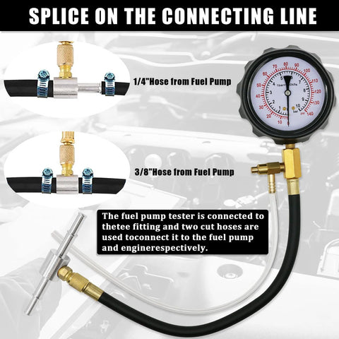 Automotive fuel pressure tester kit with gauge, brass fittings, and 1/4 in and 3/8 in hoses for gasoline cars, trucks, motorcycles.