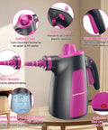 Heavy Duty Pressurized Handheld Steam Cleaner With 12 Piece Attachment Kit showing safety cap, steam button, and short nozzle on a table.