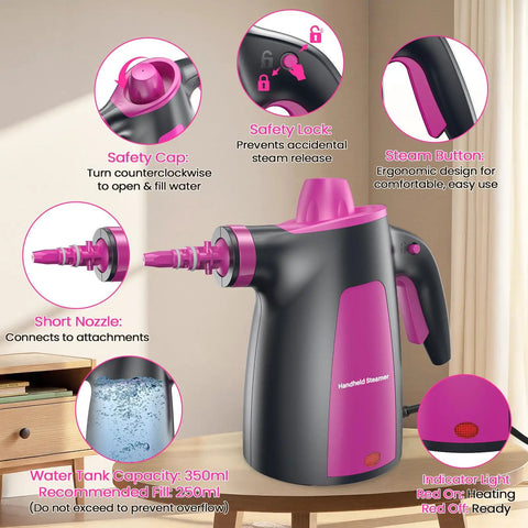 Heavy Duty Pressurized Handheld Steam Cleaner With 12 Piece Attachment Kit showing safety cap, steam button, and short nozzle on a table.