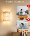 Set Of Two Gold Crystal Wireless Wall Sconces With Smooth Remote Control Rechargeable Cordless Lighting Featuring 12 RGB Colors And 3 CCT White Adjustable Dimming Options For Bedroom Living Room showing wireless installation options.
