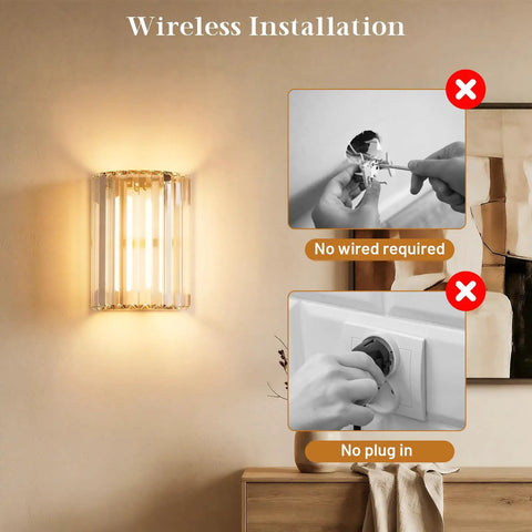Set Of Two Gold Crystal Wireless Wall Sconces With Smooth Remote Control Rechargeable Cordless Lighting Featuring 12 RGB Colors And 3 CCT White Adjustable Dimming Options For Bedroom Living Room showing wireless installation options.