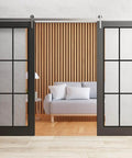 Sturdy Double Barn Door With Clear Glass Matte Black Finish installed in living room with silver rail, two 30 by 80 inch panels.
