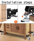 Installation steps for Heavy Duty Workbench Caster Kit Set Of Four Featuring Retractable Step Down Wheels on a wooden cabinet.