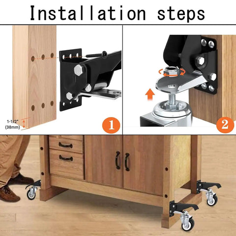 Installation steps for Heavy Duty Workbench Caster Kit Set Of Four Featuring Retractable Step Down Wheels on a wooden cabinet.