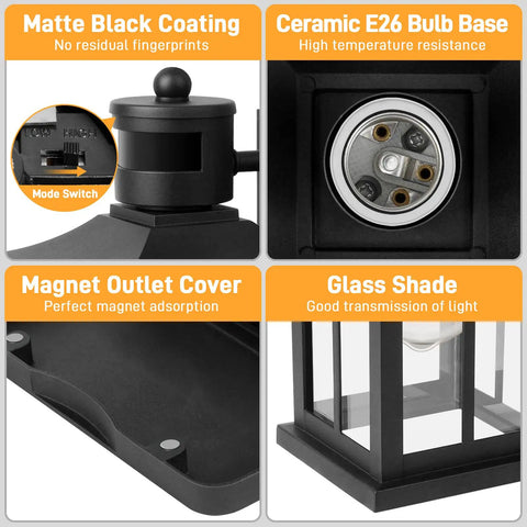 Porch Lights With Outlet GFCI Motion Sensor Outdoor Wall Light Black Waterproof Dusk To Dawn Lantern features and coating