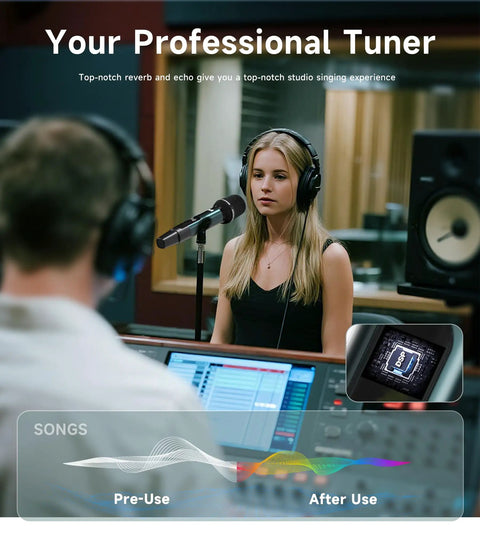 Woman singing into Durable Metal Wireless Microphone For Karaoke And Singing, Dynamic Microphone With Rechargeable Receiver in studio