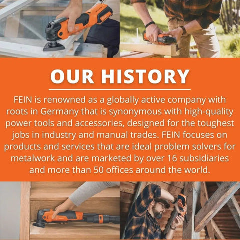 Collage of people using power tools above a text section about FEIN's history and global presence in the tool industry.