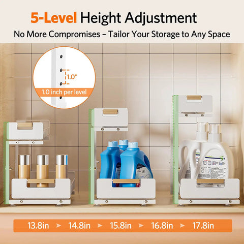 5-Level height adjustable sleek two tier pull out under sink organizer for kitchen cabinets, ideal for various bottle sizes.