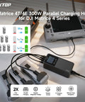 DJI Matrice 4T 4E Parallel Charging Hub connected to remote controller and three batteries, showing LCD display and cables.
