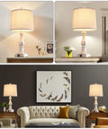 Touch Control Rustic Table Lamps Set of 2 with Dual USB Ports 3 Way Dimmable Vintage Bedside Lamps Antique White Resin Finish Linen Shade Perfect for Bedroom and Living Room Includes 2 Bulbs displayed on wooden tables in living rooms and bedrooms