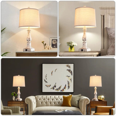 Touch Control Rustic Table Lamps Set of 2 with Dual USB Ports 3 Way Dimmable Vintage Bedside Lamps Antique White Resin Finish Linen Shade Perfect for Bedroom and Living Room Includes 2 Bulbs displayed on wooden tables in living rooms and bedrooms