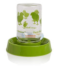 Versatile Baby Chick Feeder And Waterer With Reversible Base, Easy Clean And No Fuss Flip For Food Or Water, Made In USA, Pack Of 1, Ideal For Brooder Poultry Rearing, showing a green base with a printed glass jar.
