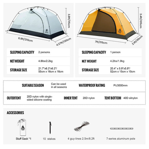 Dimensions and features of Stella 4 Season Camping Tent For 2 People Ultra Lightweight Backpacking Shelter Waterproof 3000mm.
