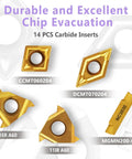 14 carbide inserts from Indexable Lathe Turning Tool Kit With 3 By 8 Inch Shank 10mm, Pro Grade 7 Tool Holders And 14 Carbide Inserts