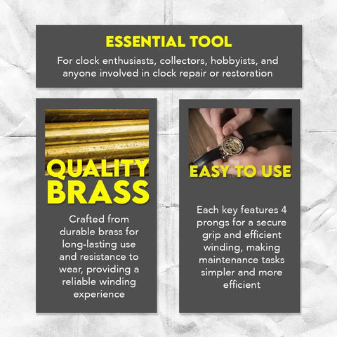 Essential tool description for the Brass Clock Key For Winding Clocks Universal 5 Prong Set For Odd And Even Numbers.