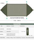 Dimensions and specifications of Three In One Camping Hammock With Mosquito Net, showing size, material, and weight capacity.