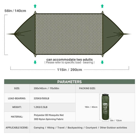 Dimensions and specifications of Three In One Camping Hammock With Mosquito Net, showing size, material, and weight capacity.
